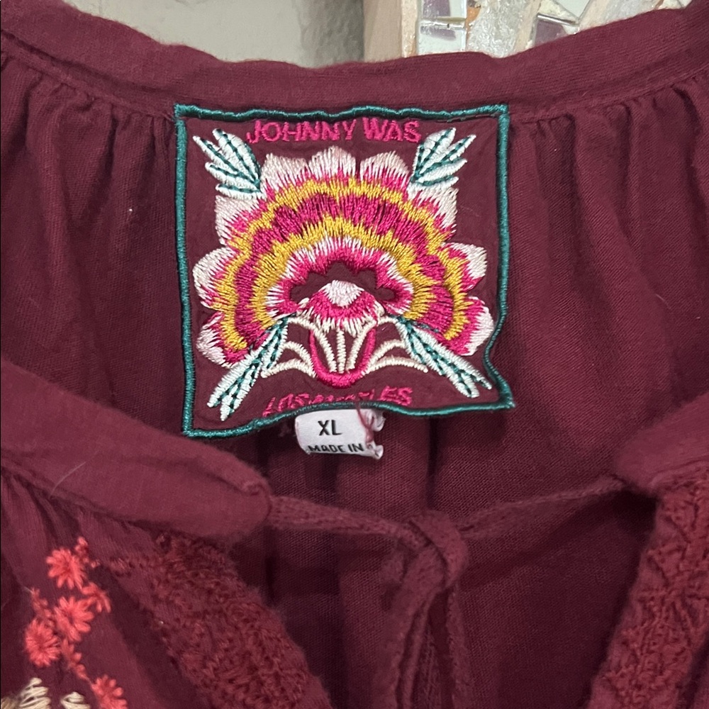 Johnny Was Burgundy Floral Embroidered Top